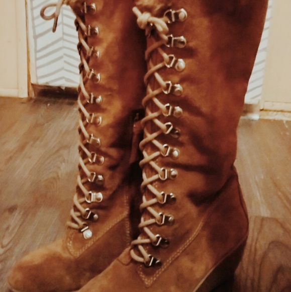 Knee High Suede Lace-Back Wedge Boots - Picture 1 of 6